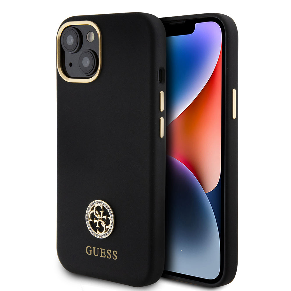 iPhone 15 Kılıf Guess Orjinal Lisanslı Yazı ve Taşlı 4G Logolu Metal Kamera Çerçeveli Silikon Kapak