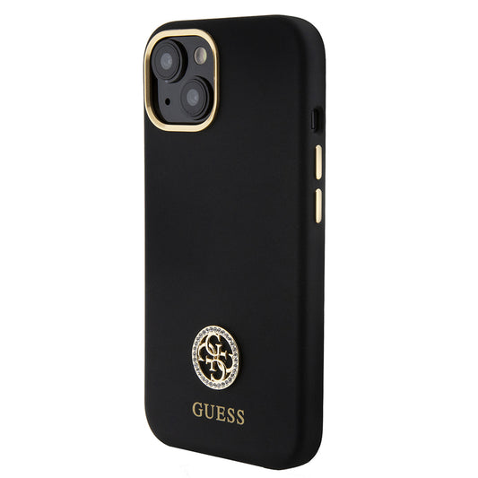 iPhone 15 Kılıf Guess Orjinal Lisanslı Yazı ve Taşlı 4G Logolu Metal Kamera Çerçeveli Silikon Kapak