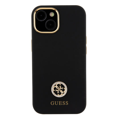 iPhone 15 Kılıf Guess Orjinal Lisanslı Yazı ve Taşlı 4G Logolu Metal Kamera Çerçeveli Silikon Kapak
