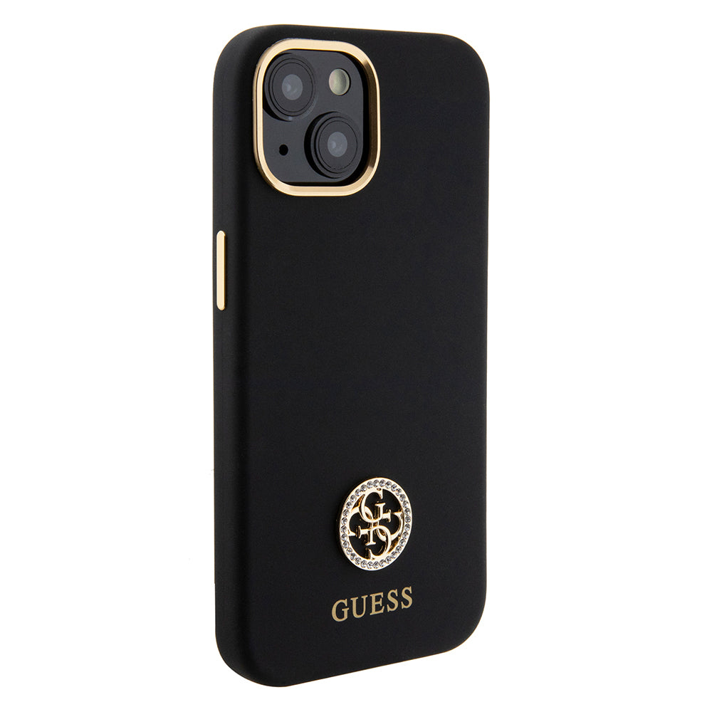iPhone 15 Kılıf Guess Orjinal Lisanslı Yazı ve Taşlı 4G Logolu Metal Kamera Çerçeveli Silikon Kapak