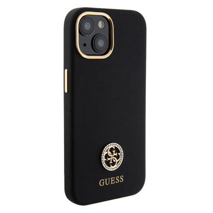 iPhone 15 Kılıf Guess Orjinal Lisanslı Yazı ve Taşlı 4G Logolu Metal Kamera Çerçeveli Silikon Kapak