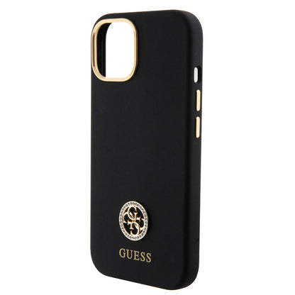 iPhone 15 Kılıf Guess Orjinal Lisanslı Yazı ve Taşlı 4G Logolu Metal Kamera Çerçeveli Silikon Kapak