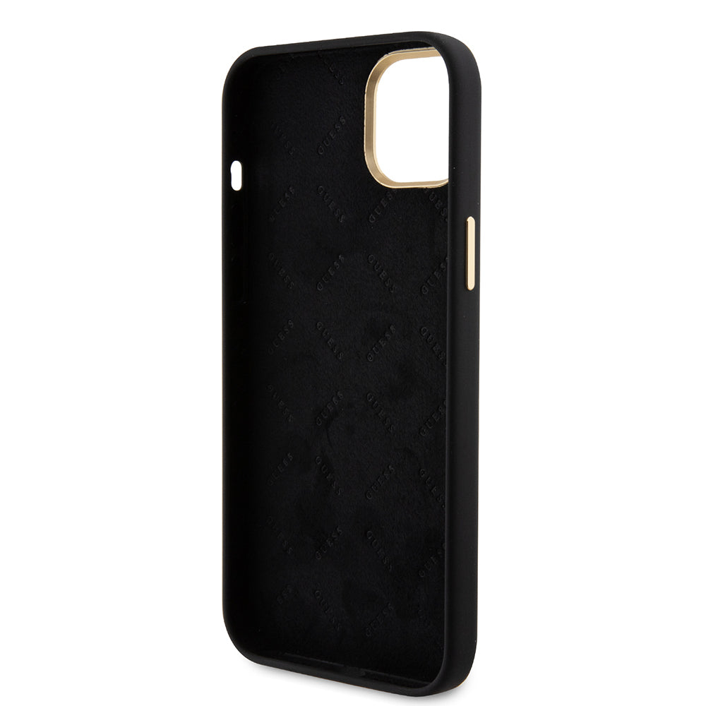 iPhone 15 Kılıf Guess Orjinal Lisanslı Yazı ve Taşlı 4G Logolu Metal Kamera Çerçeveli Silikon Kapak