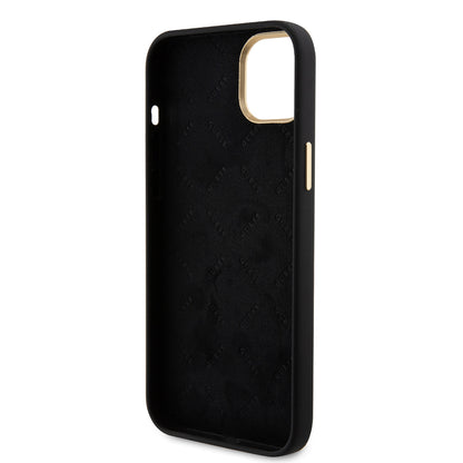 iPhone 15 Kılıf Guess Orjinal Lisanslı Yazı ve Taşlı 4G Logolu Metal Kamera Çerçeveli Silikon Kapak