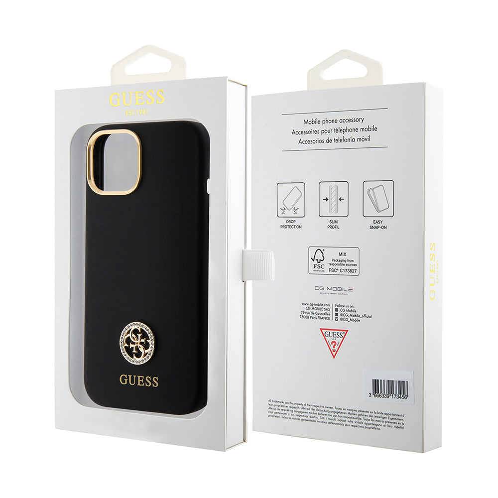 iPhone 15 Kılıf Guess Orjinal Lisanslı Yazı ve Taşlı 4G Logolu Metal Kamera Çerçeveli Silikon Kapak