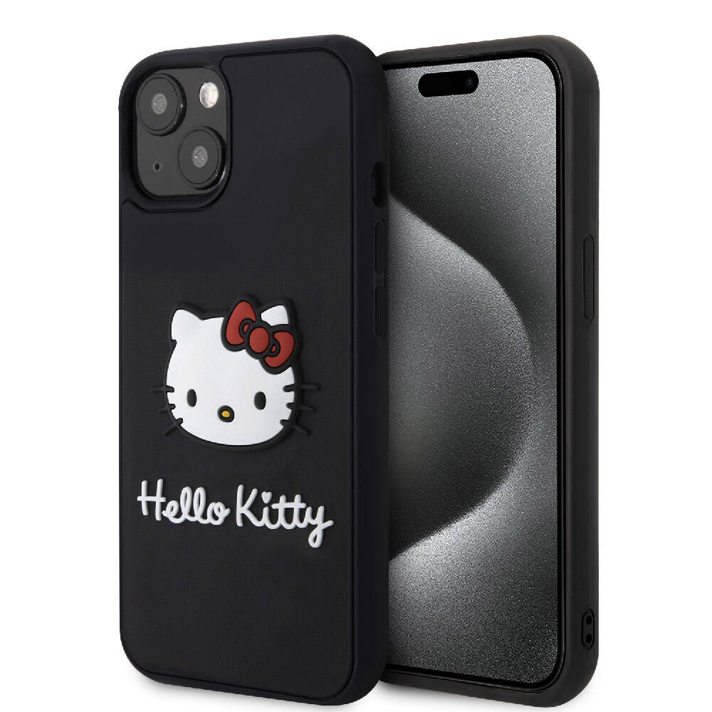 iPhone 15 Kılıf Hello Kitty Orjinal Lisanslı Yazı ve İkonik Logolu 3D Rubber Kitty Head Kapak