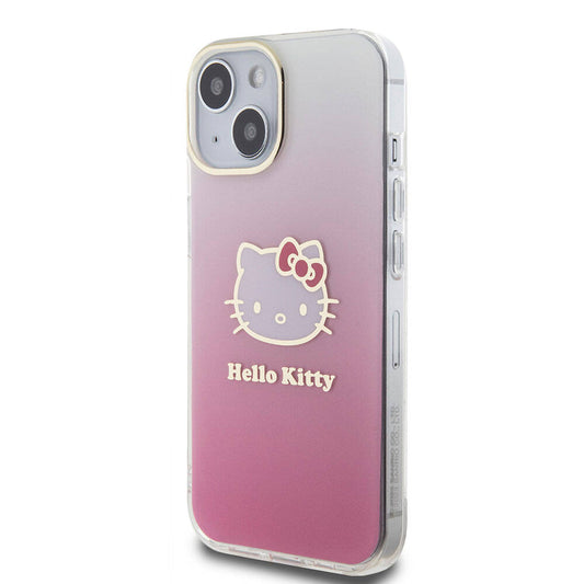 iPhone 15 Kılıf Hello Kitty Orjinal Lisanslı Yazı ve İkonik Logolu Elektroplating Kaplama Gradyan Kapak