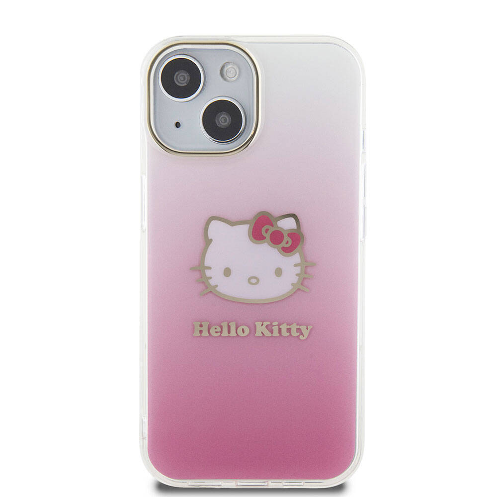 iPhone 15 Kılıf Hello Kitty Orjinal Lisanslı Yazı ve İkonik Logolu Elektroplating Kaplama Gradyan Kapak