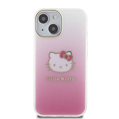 iPhone 15 Kılıf Hello Kitty Orjinal Lisanslı Yazı ve İkonik Logolu Elektroplating Kaplama Gradyan Kapak