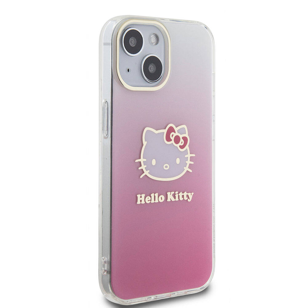 iPhone 15 Kılıf Hello Kitty Orjinal Lisanslı Yazı ve İkonik Logolu Elektroplating Kaplama Gradyan Kapak