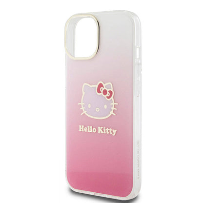 iPhone 15 Kılıf Hello Kitty Orjinal Lisanslı Yazı ve İkonik Logolu Elektroplating Kaplama Gradyan Kapak