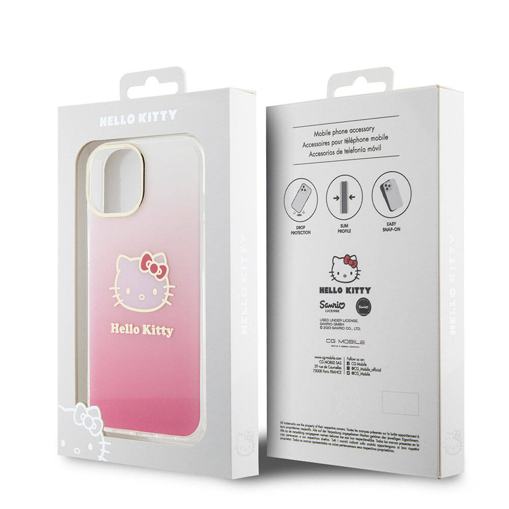 iPhone 15 Kılıf Hello Kitty Orjinal Lisanslı Yazı ve İkonik Logolu Elektroplating Kaplama Gradyan Kapak