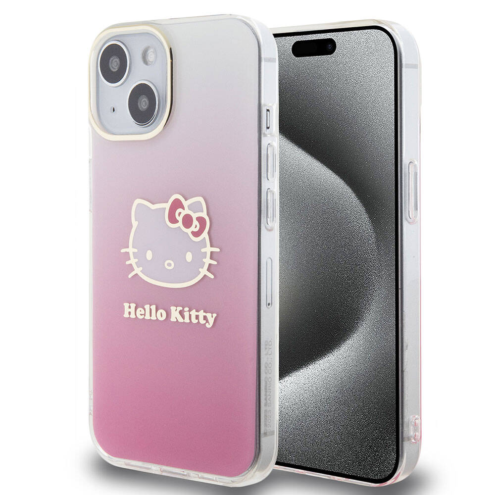 iPhone 15 Kılıf Hello Kitty Orjinal Lisanslı Yazı ve İkonik Logolu Elektroplating Kaplama Gradyan Kapak