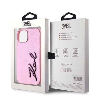 iPhone 15 Kılıf Karl Lagerfeld Orjinal Lisanslı 3D KL Yazılı Tüylü Arka Yüzey Saffiano Rhinestones Kapak