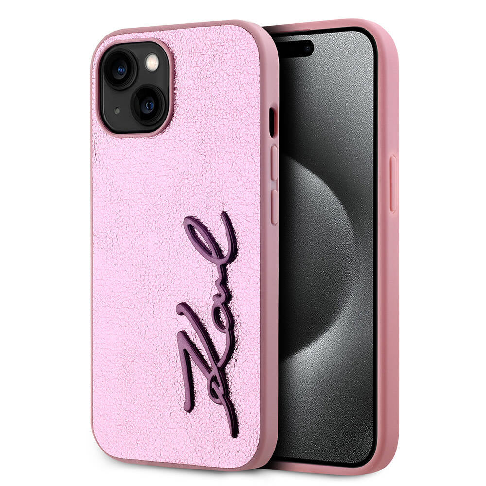 iPhone 15 Kılıf Karl Lagerfeld Orjinal Lisanslı 3D KL Yazılı Tüylü Arka Yüzey Saffiano Rhinestones Kapak