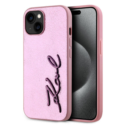 iPhone 15 Kılıf Karl Lagerfeld Orjinal Lisanslı 3D KL Yazılı Tüylü Arka Yüzey Saffiano Rhinestones Kapak
