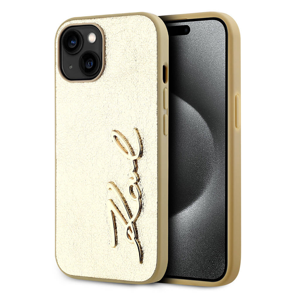 iPhone 15 Kılıf Karl Lagerfeld Orjinal Lisanslı 3D KL Yazılı Tüylü Arka Yüzey Saffiano Rhinestones Kapak