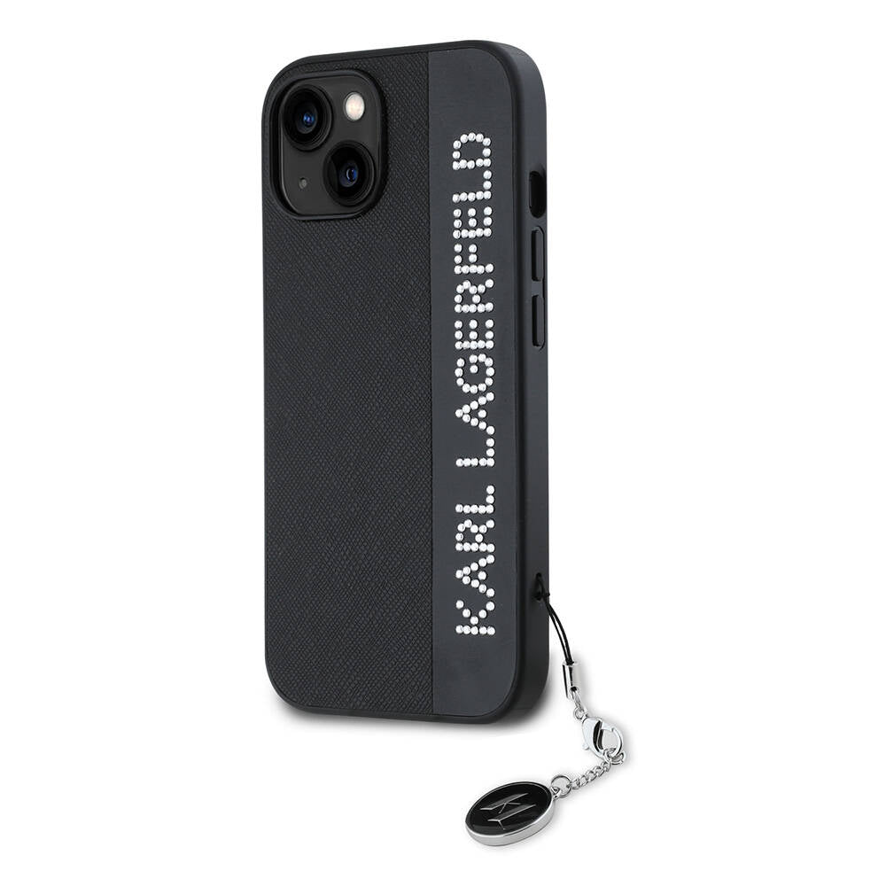 iPhone 15 Kılıf Karl Lagerfeld Orjinal Lisanslı Anahtarlıklı Taşlı KL Yazılı Saffiano Rhinestones Kapak