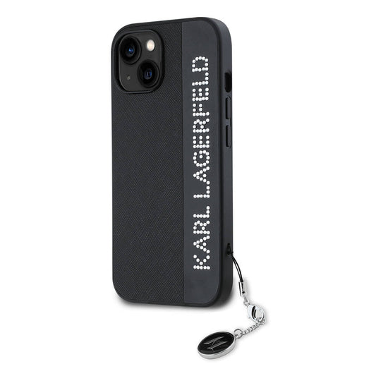 iPhone 15 Kılıf Karl Lagerfeld Orjinal Lisanslı Anahtarlıklı Taşlı KL Yazılı Saffiano Rhinestones Kapak