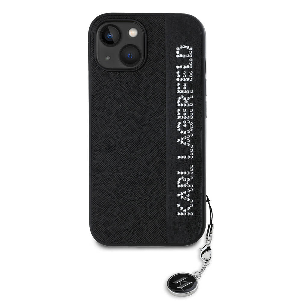 iPhone 15 Kılıf Karl Lagerfeld Orjinal Lisanslı Anahtarlıklı Taşlı KL Yazılı Saffiano Rhinestones Kapak