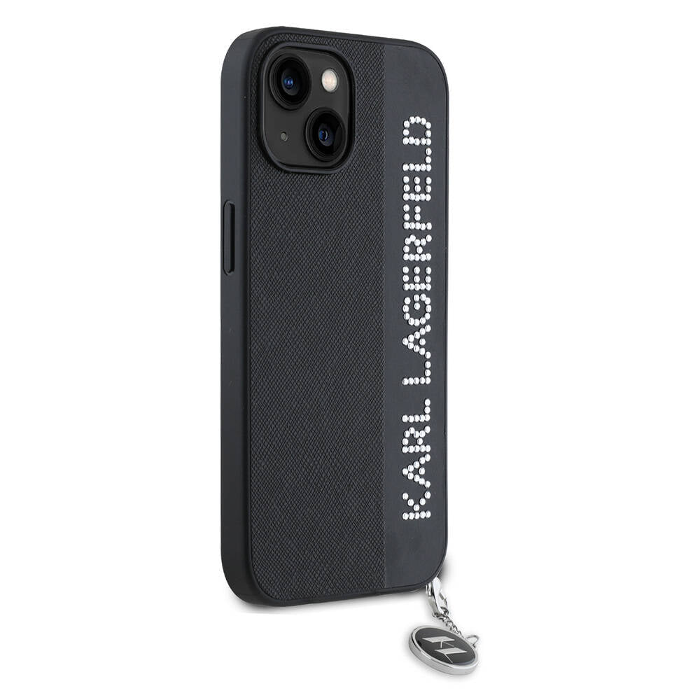iPhone 15 Kılıf Karl Lagerfeld Orjinal Lisanslı Anahtarlıklı Taşlı KL Yazılı Saffiano Rhinestones Kapak