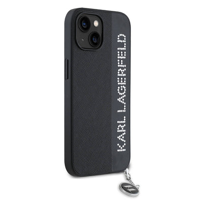 iPhone 15 Kılıf Karl Lagerfeld Orjinal Lisanslı Anahtarlıklı Taşlı KL Yazılı Saffiano Rhinestones Kapak