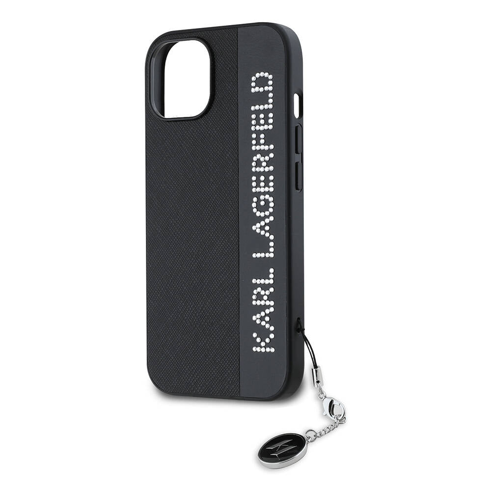 iPhone 15 Kılıf Karl Lagerfeld Orjinal Lisanslı Anahtarlıklı Taşlı KL Yazılı Saffiano Rhinestones Kapak
