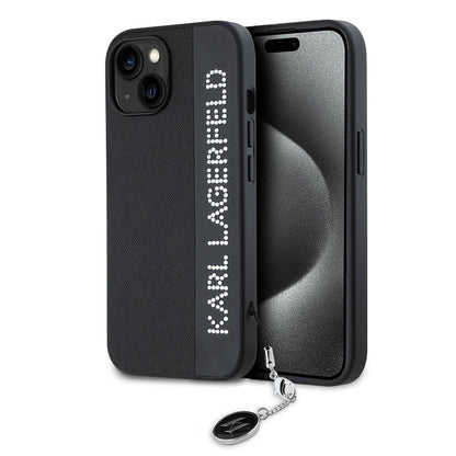 iPhone 15 Kılıf Karl Lagerfeld Orjinal Lisanslı Anahtarlıklı Taşlı KL Yazılı Saffiano Rhinestones Kapak