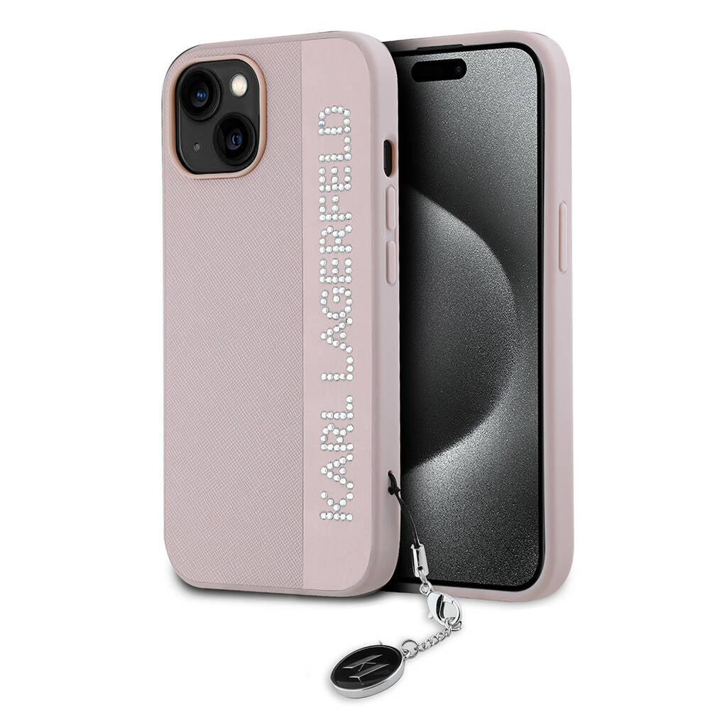 iPhone 15 Kılıf Karl Lagerfeld Orjinal Lisanslı Anahtarlıklı Taşlı KL Yazılı Saffiano Rhinestones Kapak