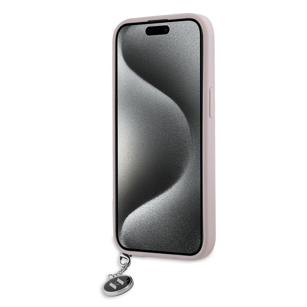 iPhone 15 Kılıf Karl Lagerfeld Orjinal Lisanslı Anahtarlıklı Taşlı KL Yazılı Saffiano Rhinestones Kapak