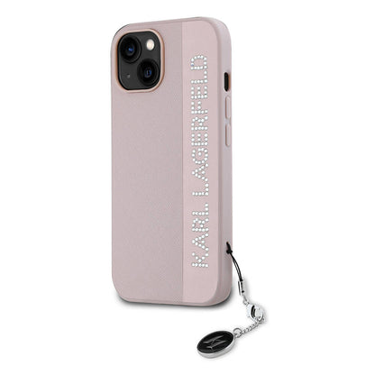 iPhone 15 Kılıf Karl Lagerfeld Orjinal Lisanslı Anahtarlıklı Taşlı KL Yazılı Saffiano Rhinestones Kapak