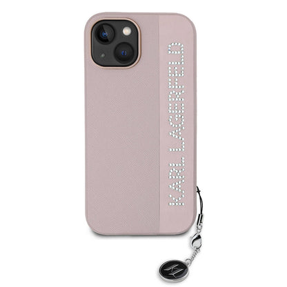iPhone 15 Kılıf Karl Lagerfeld Orjinal Lisanslı Anahtarlıklı Taşlı KL Yazılı Saffiano Rhinestones Kapak