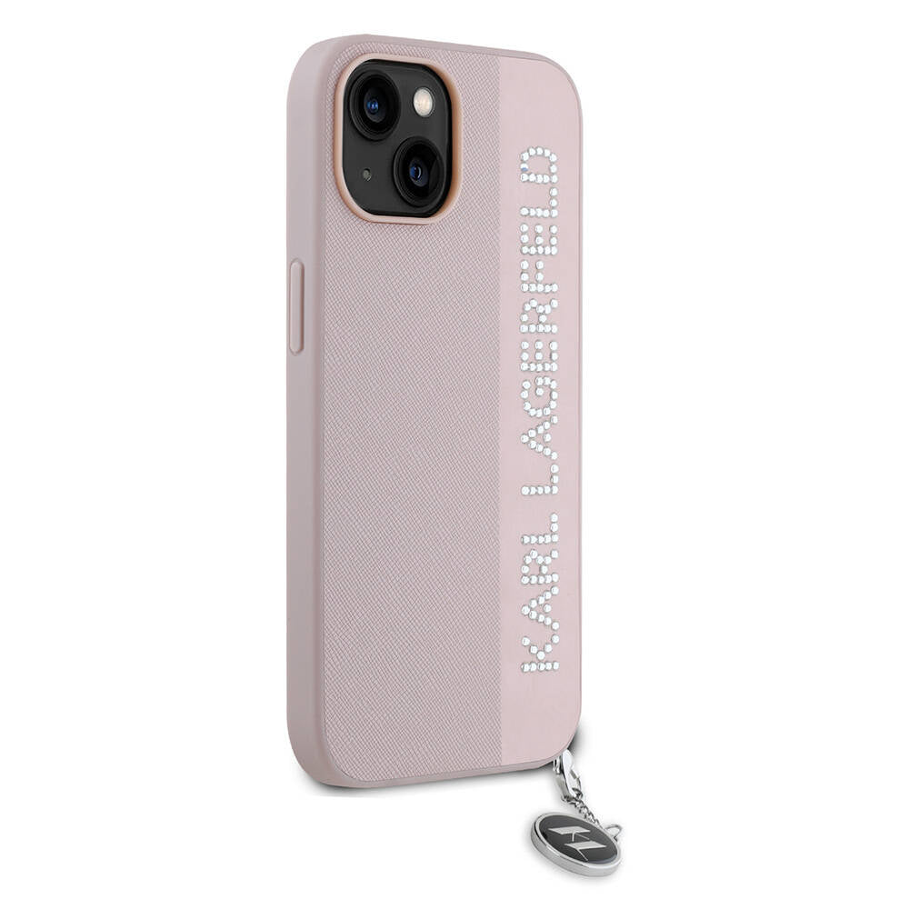 iPhone 15 Kılıf Karl Lagerfeld Orjinal Lisanslı Anahtarlıklı Taşlı KL Yazılı Saffiano Rhinestones Kapak