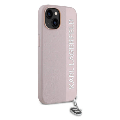 iPhone 15 Kılıf Karl Lagerfeld Orjinal Lisanslı Anahtarlıklı Taşlı KL Yazılı Saffiano Rhinestones Kapak