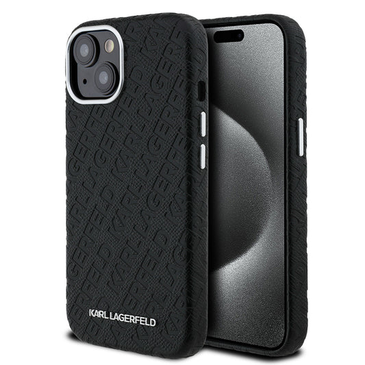 iPhone 15 Kılıf Karl Lagerfeld Orjinal Lisanslı PU Deri Damgalı Metal Yazı Logolu Kapak