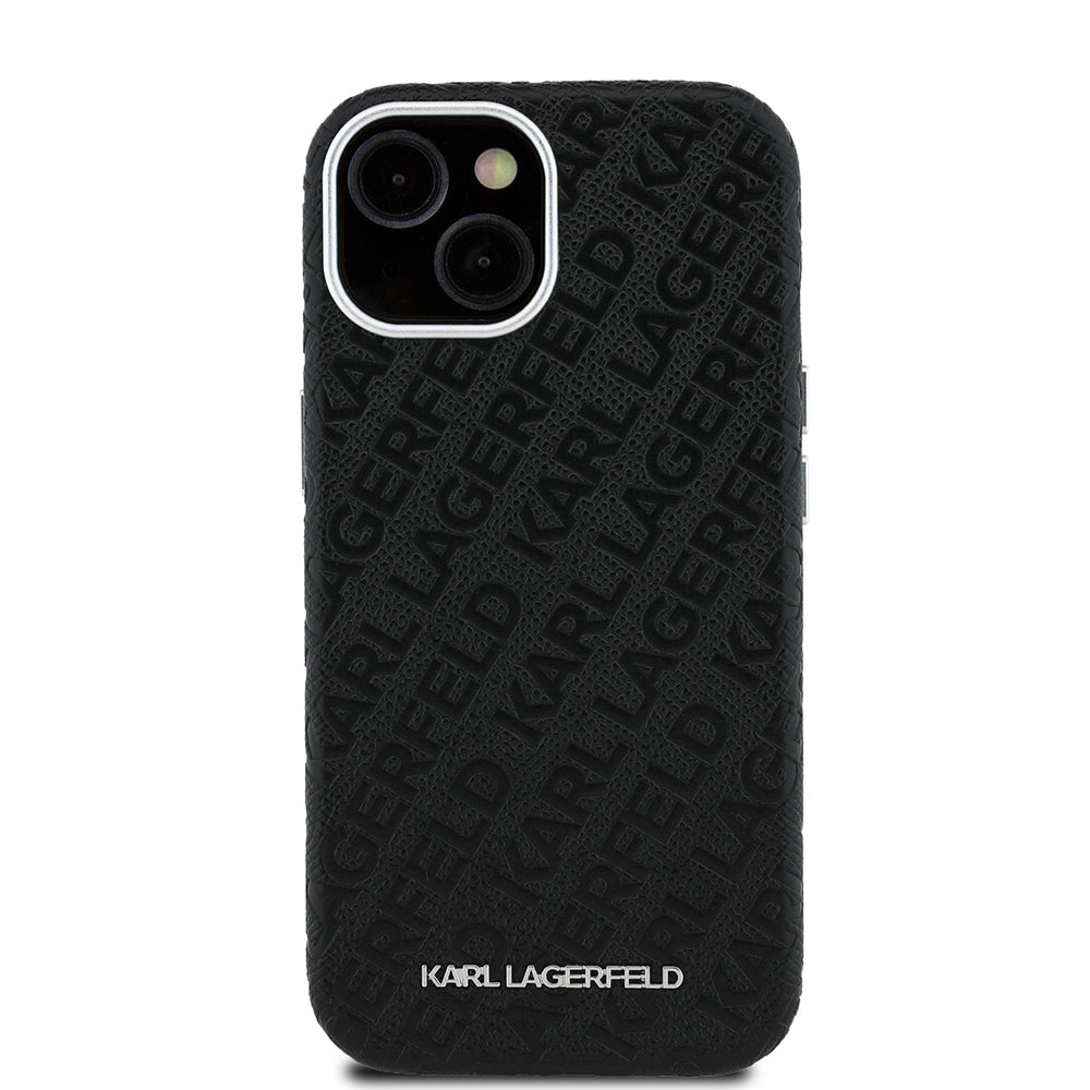 iPhone 15 Kılıf Karl Lagerfeld Orjinal Lisanslı PU Deri Damgalı Metal Yazı Logolu Kapak
