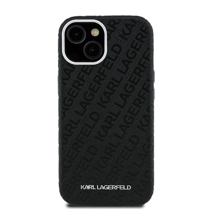 iPhone 15 Kılıf Karl Lagerfeld Orjinal Lisanslı PU Deri Damgalı Metal Yazı Logolu Kapak