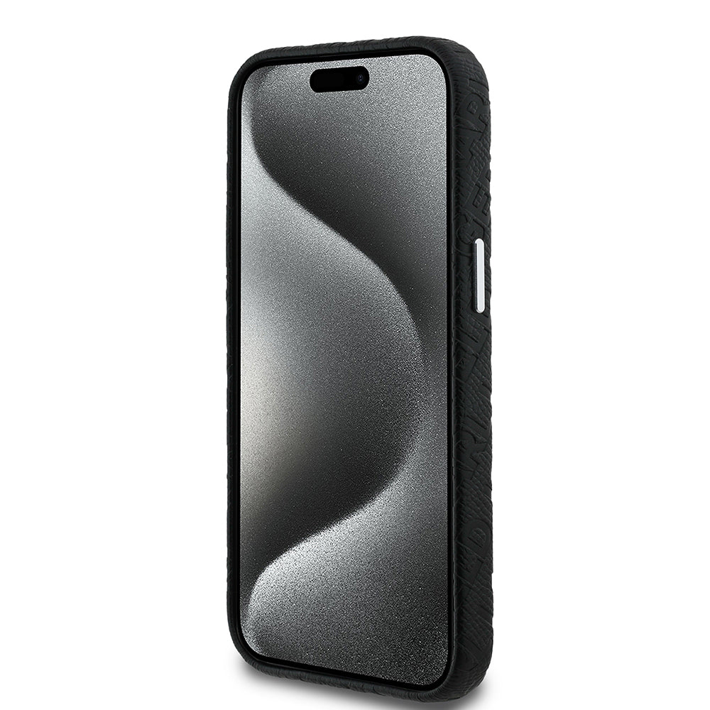 iPhone 15 Kılıf Karl Lagerfeld Orjinal Lisanslı PU Deri Damgalı Metal Yazı Logolu Kapak