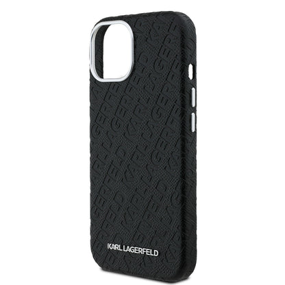 iPhone 15 Kılıf Karl Lagerfeld Orjinal Lisanslı PU Deri Damgalı Metal Yazı Logolu Kapak