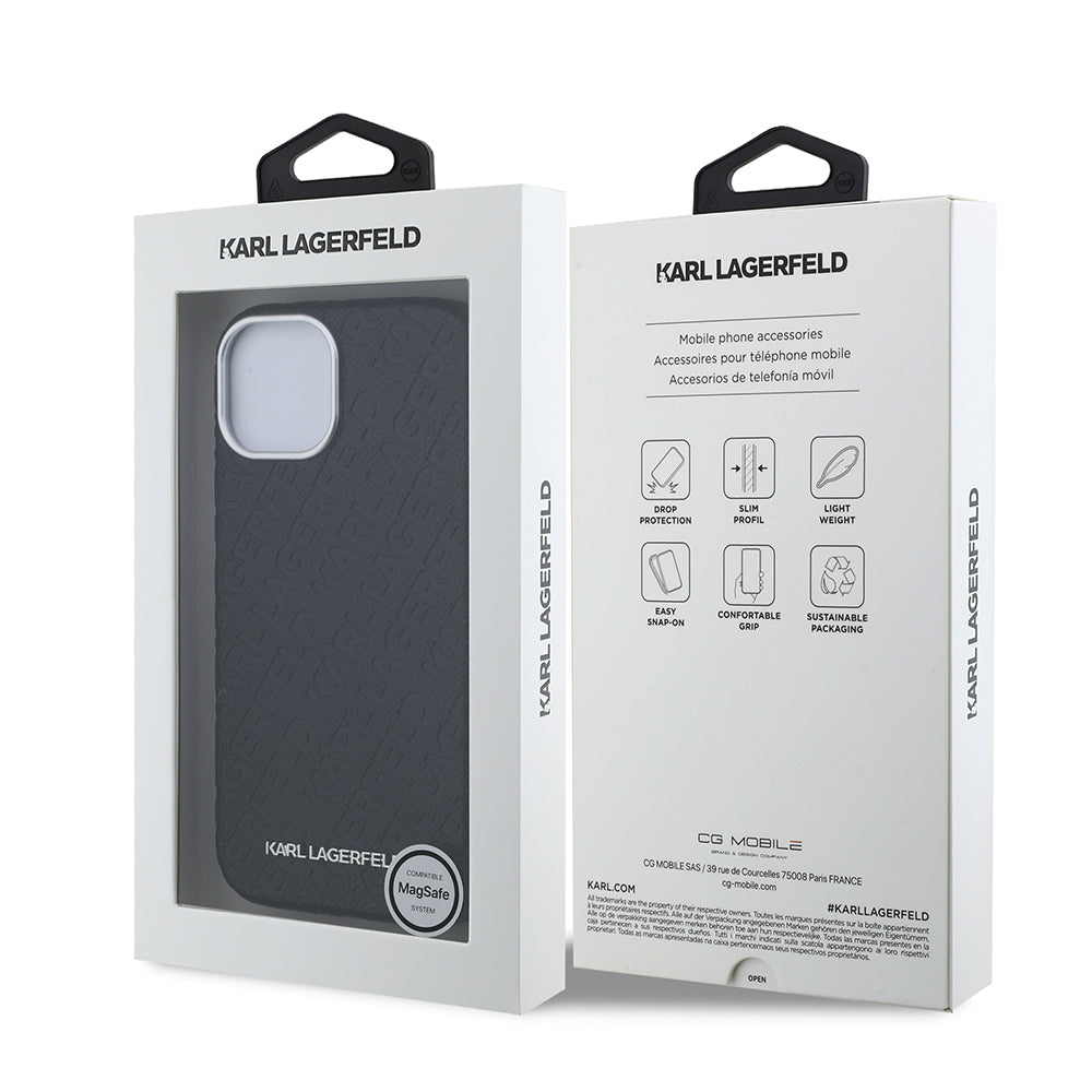 iPhone 15 Kılıf Karl Lagerfeld Orjinal Lisanslı PU Deri Damgalı Metal Yazı Logolu Kapak