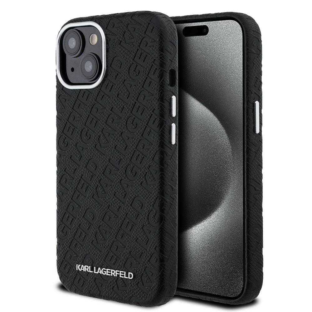iPhone 15 Kılıf Karl Lagerfeld Orjinal Lisanslı PU Deri Damgalı Metal Yazı Logolu Kapak