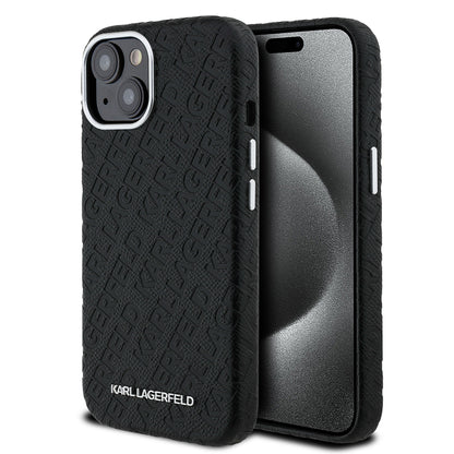 iPhone 15 Kılıf Karl Lagerfeld Orjinal Lisanslı PU Deri Damgalı Metal Yazı Logolu Kapak