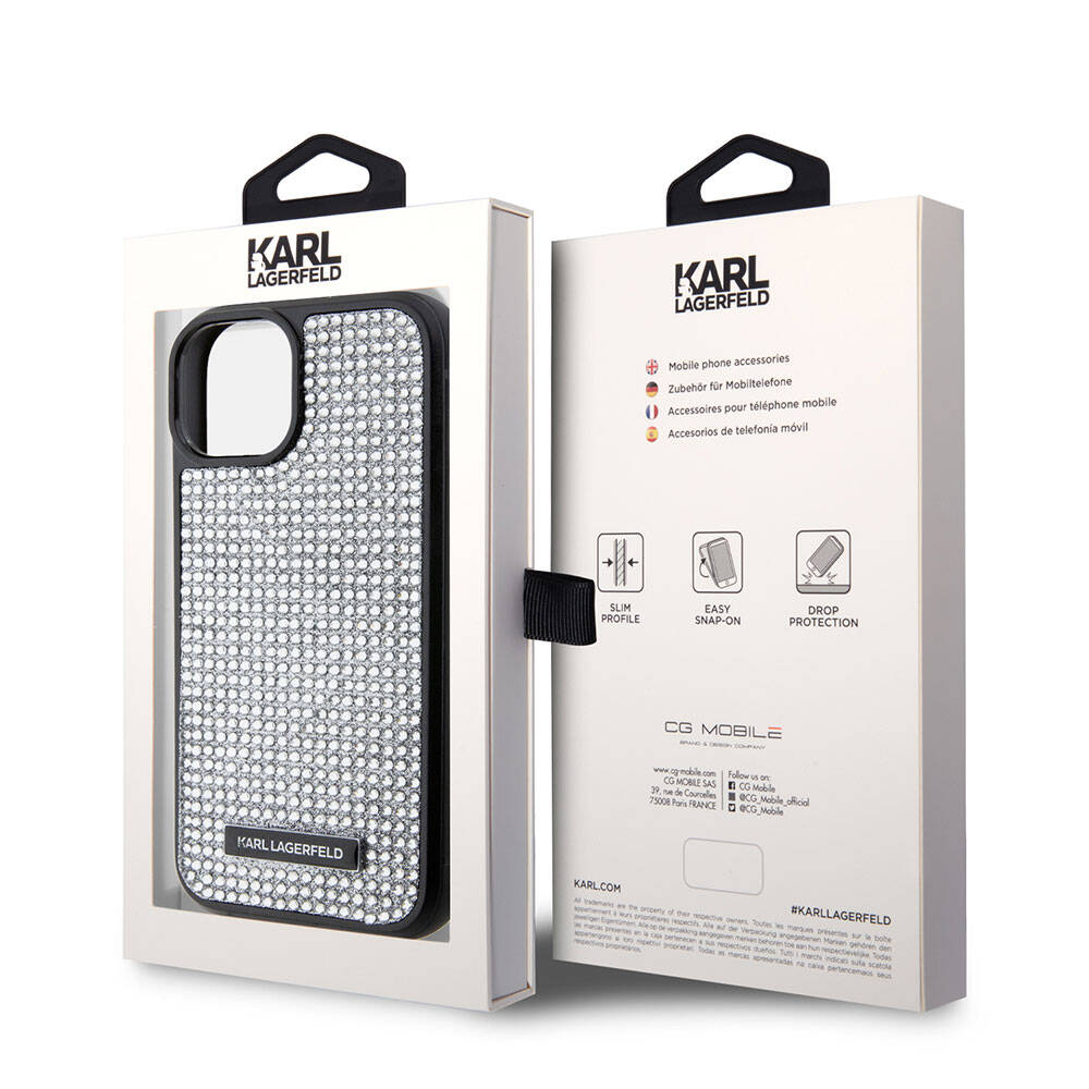 iPhone 15 Kılıf Karl Lagerfeld Taşlı Metal Logo Orjinal Lisanslı Kapak