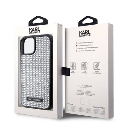 iPhone 15 Kılıf Karl Lagerfeld Taşlı Metal Logo Orjinal Lisanslı Kapak