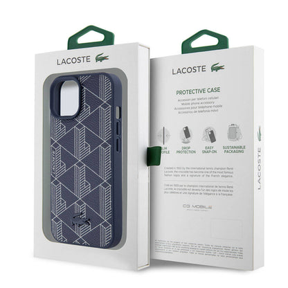 iPhone 15 Kılıf Lacoste Orjinal Lisanslı M-safe Şarj Özellikli PU Deri Görünümlü Karışık Monogram Desenli Kapak