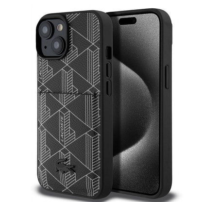 iPhone 15 Kılıf Lacoste Orjinal Lisanslı M-safe Şarj Özellikli PU Deri Görünümlü Kartlıklı Karışık Monogram Desenli Kapak