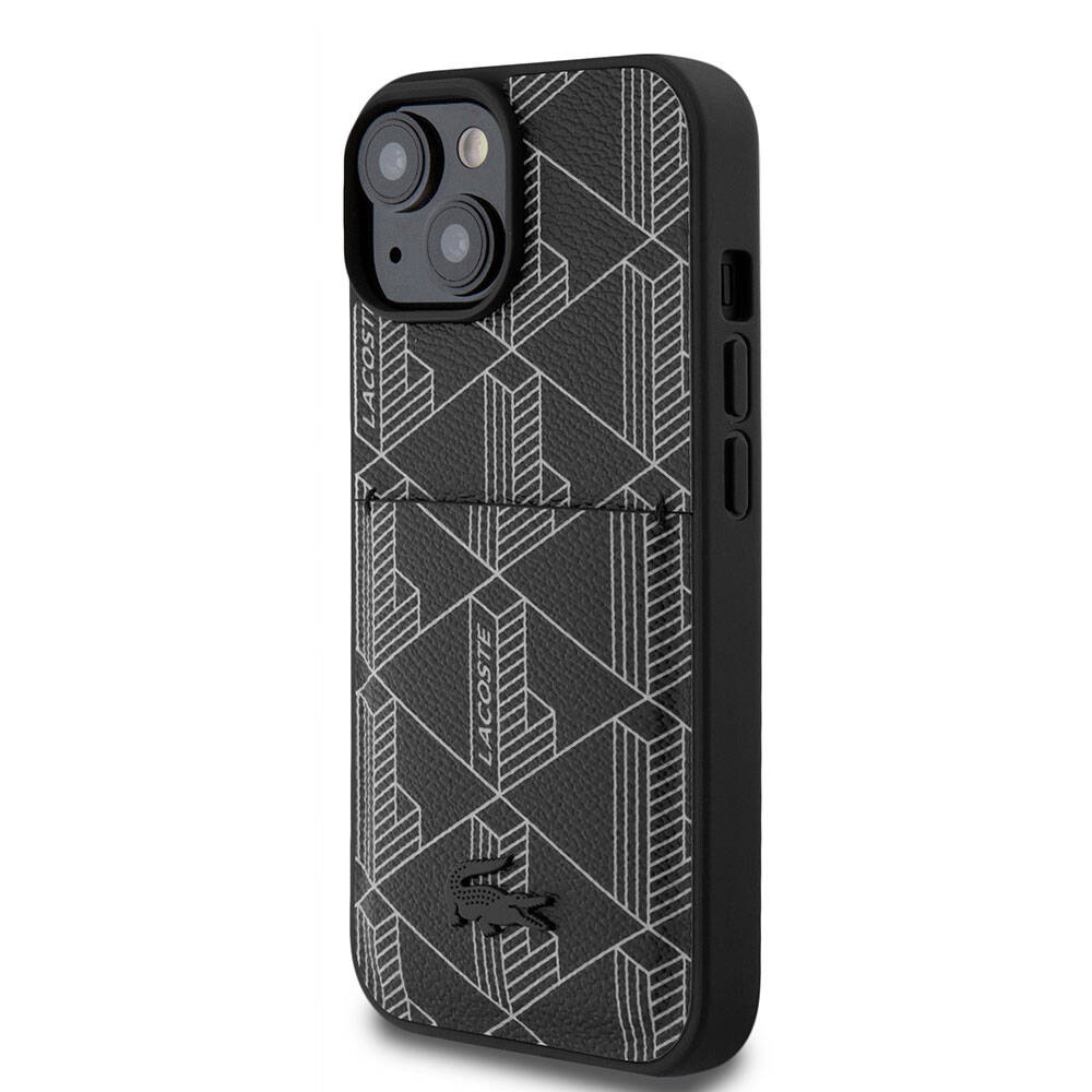 iPhone 15 Kılıf Lacoste Orjinal Lisanslı M-safe Şarj Özellikli PU Deri Görünümlü Kartlıklı Karışık Monogram Desenli Kapak