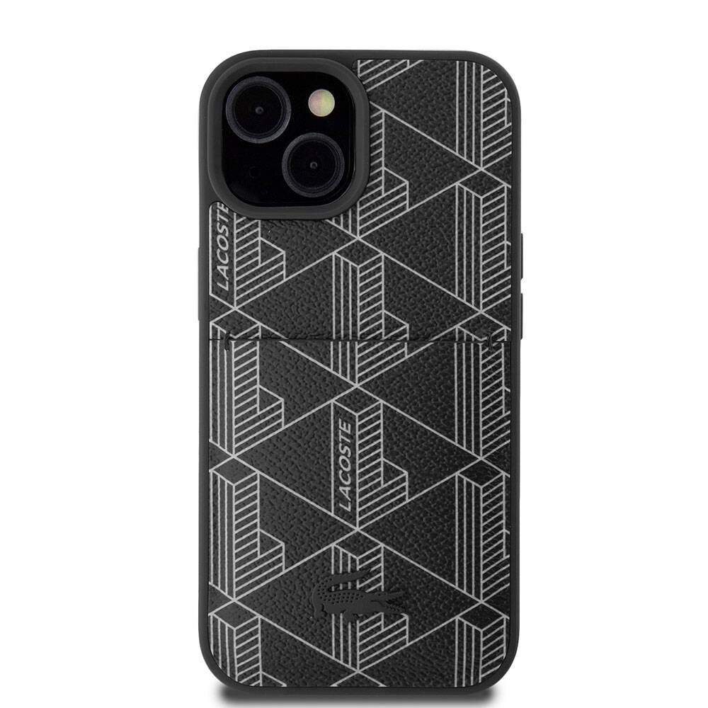 iPhone 15 Kılıf Lacoste Orjinal Lisanslı M-safe Şarj Özellikli PU Deri Görünümlü Kartlıklı Karışık Monogram Desenli Kapak