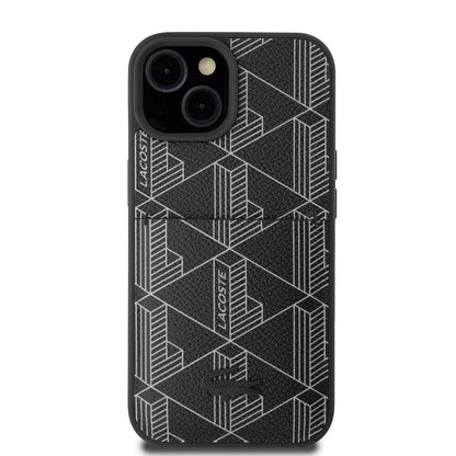 iPhone 15 Kılıf Lacoste Orjinal Lisanslı M-safe Şarj Özellikli PU Deri Görünümlü Kartlıklı Karışık Monogram Desenli Kapak