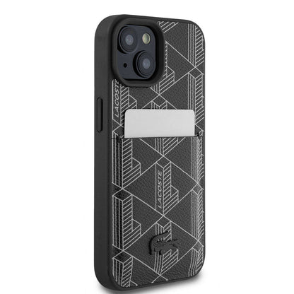 iPhone 15 Kılıf Lacoste Orjinal Lisanslı M-safe Şarj Özellikli PU Deri Görünümlü Kartlıklı Karışık Monogram Desenli Kapak